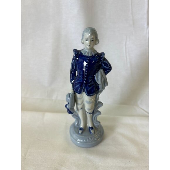 Vintage Porcelain Figurine Of Boy In Blue Coat Holding Hat & Scroll - Picture 1 of 2